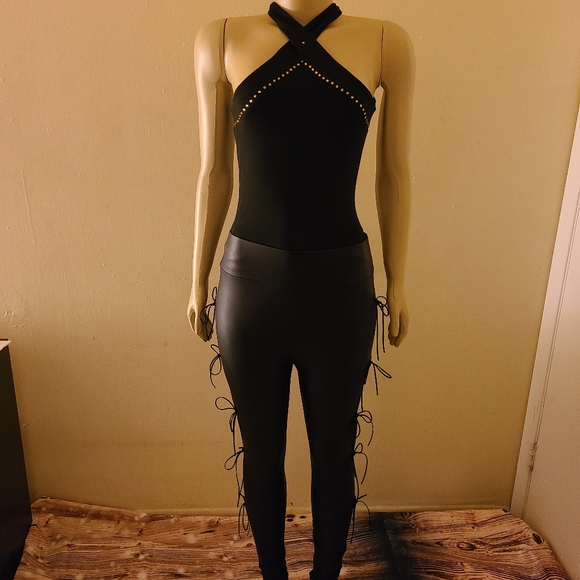 Gold-Studded Halter Top and String Leather Pants - Picture 1 of 7